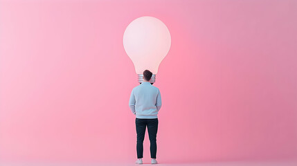 Obraz premium Person Standing Under Large Light Bulb Against Pink Background