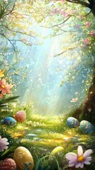 Whimsical forest glade with painted Easter eggs