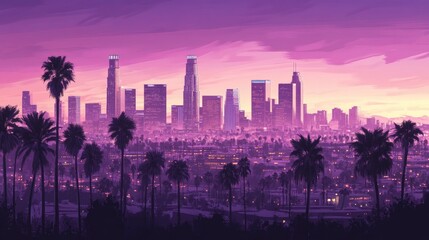 The Los Angeles skyline with the purple sky.