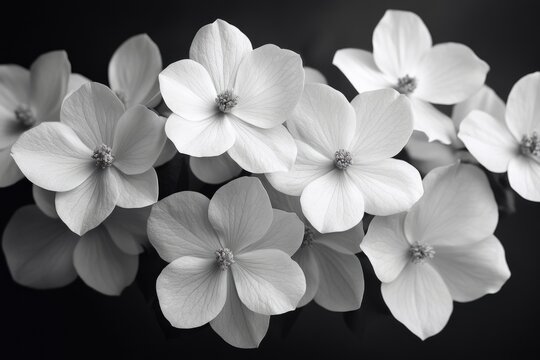 A close-up shot of a bouquet of flowers in monochrome tones