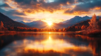 Sunset paints the lake with golden light, reflecting the mountain vista. A tranquil scene capturing nature's beauty and serenity.