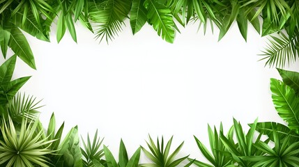 Lush Green Tropical Leaves Frame on White Background