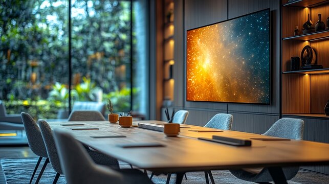 Serene meeting room with nature view and a screen displaying a nebula, creating a modern and inviting workspace atmosphere.