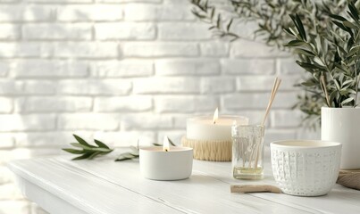 Burning Candles and Aroma Diffuser on Table in Bright, Relaxing Spa Setting