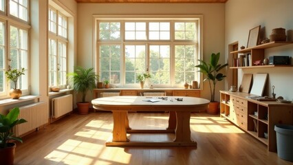 Sunlight illuminates a spacious room with large windows, hardwood floors, and light-colored wooden furniture, creating a tranquil and bright atmosphere.