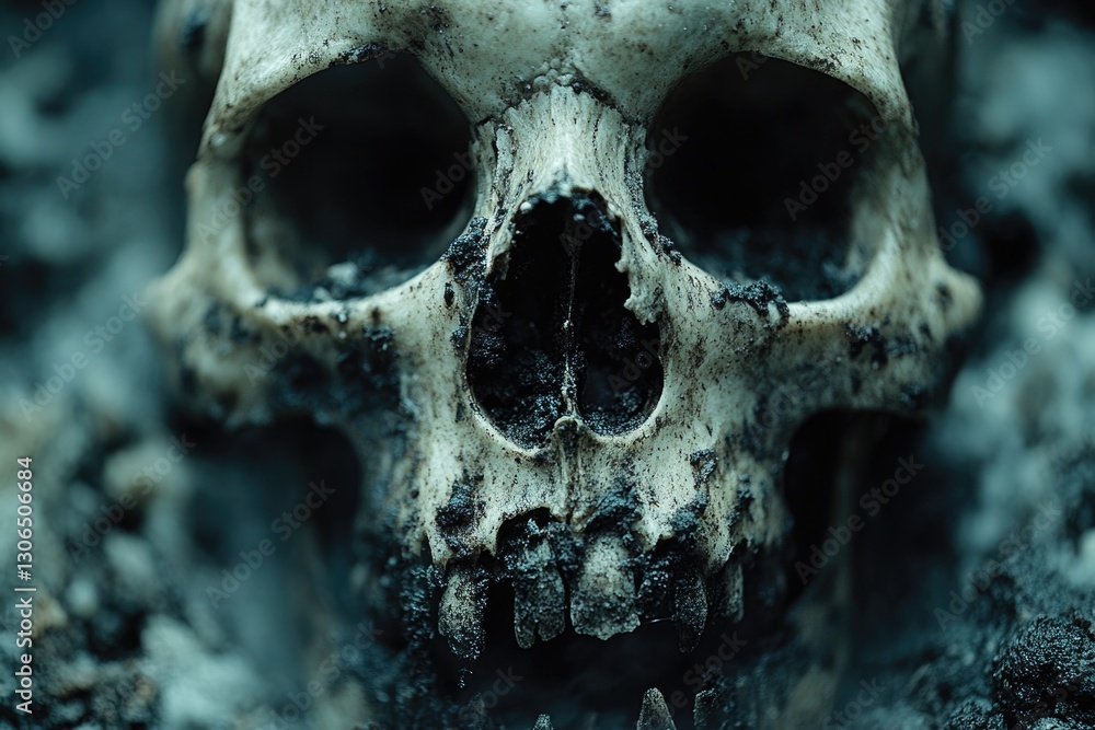 Poster close-up image of a skull buried in the ground, with dirt and debris surrounding it