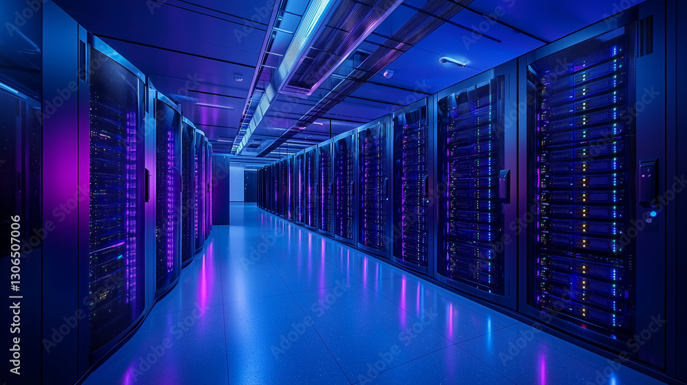 Fototapete dark colorful servers center room with computers and storage systems. generative ai