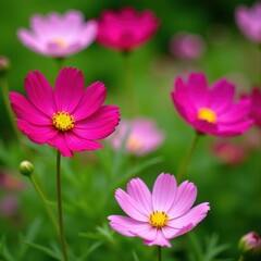 Obraz premium Cosmos flowers in full bloom, showcasing delicate petals and vibrant colors in a garden setting , landscape, summer, floral