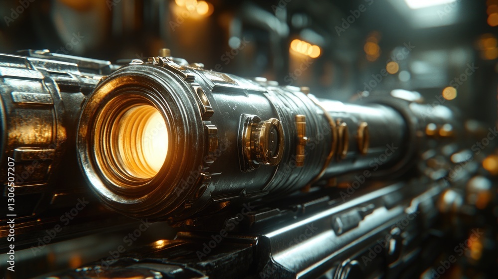 Poster a bright light illuminates the details of a machine component