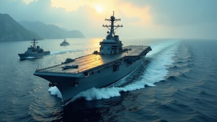 Majestic Warships Sailing at Sunset, a Breathtaking Ocean Scene Featuring Powerful Naval Vessels on a Tranquil Voyage