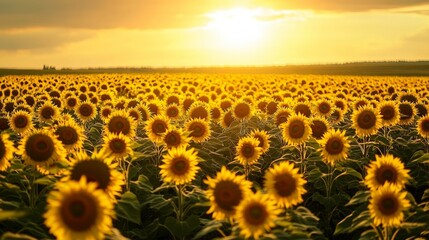 vast sunflower field under a golden sky, creating a sea of yellow stretching into the distance