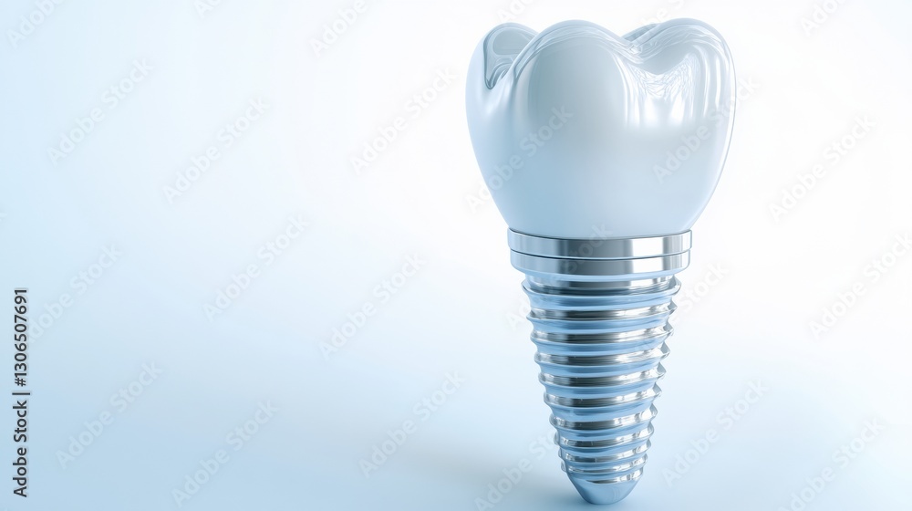 Poster realistic 3d rendering of a detailed dental implant on a soft white background with reflective quali