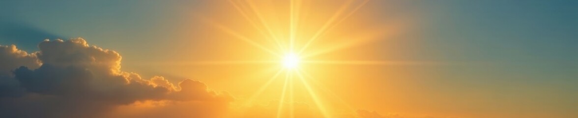 Golden sunburst, vibrant rays extending from center in clear sky, shining, summer, sky
