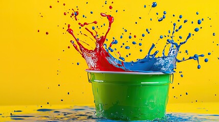 1170. The image features a vividly colored bucket splashing paint, with dynamic droplets in bright hues of red, green, blue, and yellow. The lighting is bright .
