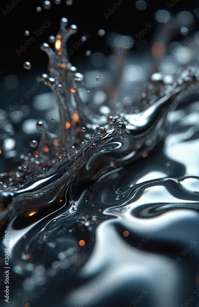Poster Dynamic flow of metallic silver liquid with shiny reflections. Mesmerizing display of fluid motion with droplets. Metal surface with abstract design, visual art, elegance. Modern aesthetic with