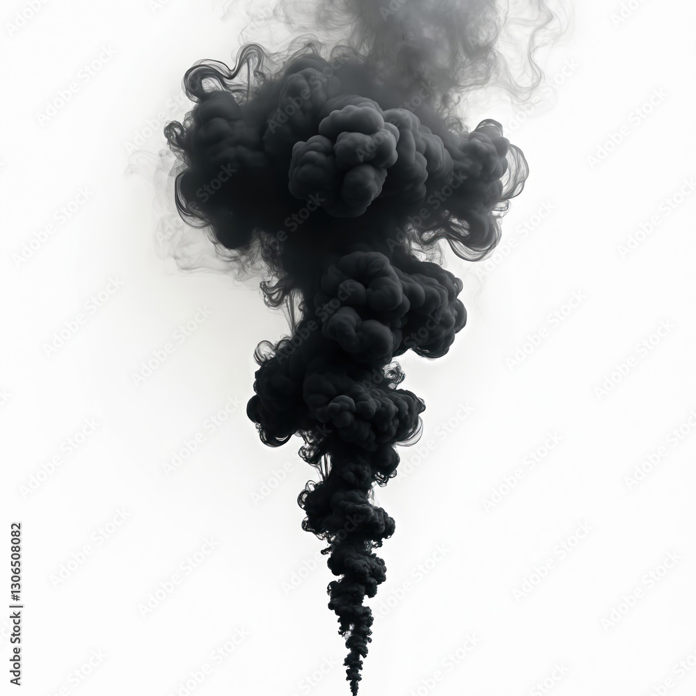 Poster Black smoke isolated on transparent background. Cloud explosion motion design element. Fume texture effect, pollution burning gas element. Dark mysterious steam smog backdrop for Halloween.