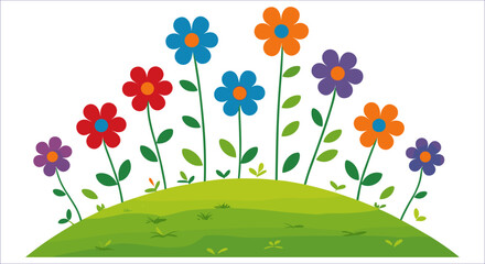 Bright garden flowers with green leaves on a hilltop vector. Colorful meadow flowers with leaves on a green slope vector art. Colorful flowers on green hill spring nature vector illustration