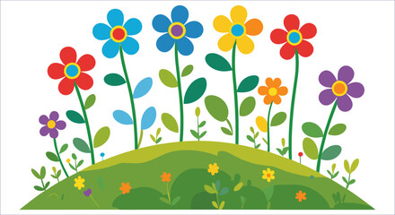 Bright garden flowers with green leaves on a hilltop vector. Colorful meadow flowers with leaves on a green slope vector art. Colorful flowers on green hill spring nature vector illustration
