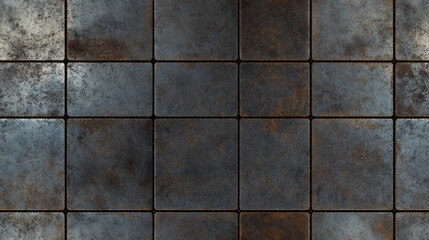 gritty, weathered metal floor texture featuring dull, rusted tiles. surface displays mix of blue and gray tones, creating industrial and aged appearance