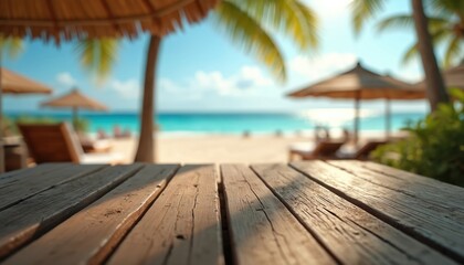 Rustic wooden tabletop with blurred sunny beach background. Summer vacation vibes with tropical ocean, blue sky, palm trees. Concept for relaxation, travel to paradise resort, product display, design