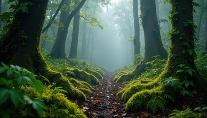 Obraz premium Foggy forest floor with mossy ferns and vines, brown, vines