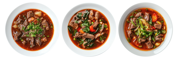 Spicy Korean Beef Soup on white bowl, top view with transparent background