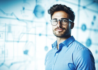 Obraz premium A young man stands confidently in front of a tech-inspired backdrop, symbolizing innovation and creativity in a modern age, showcasing the synergy between technology and human potential.