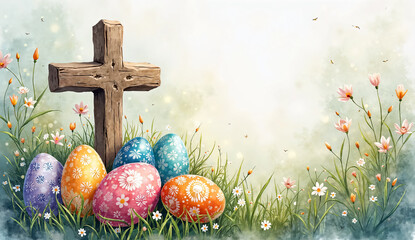 Artistic Watercolor Illustration of a Cross with Colorful Easter Eggs – Perfect for Religious and Seasonal Promotions