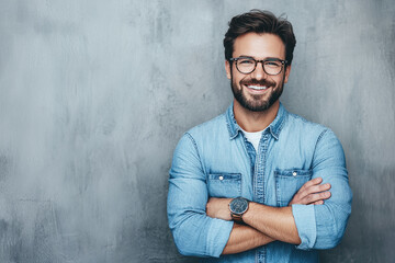 Obraz premium A stylish man wearing glasses smiles confidently against a textured background, representing modern masculinity and the blend of professionalism with a relaxed yet professional demeanor.
