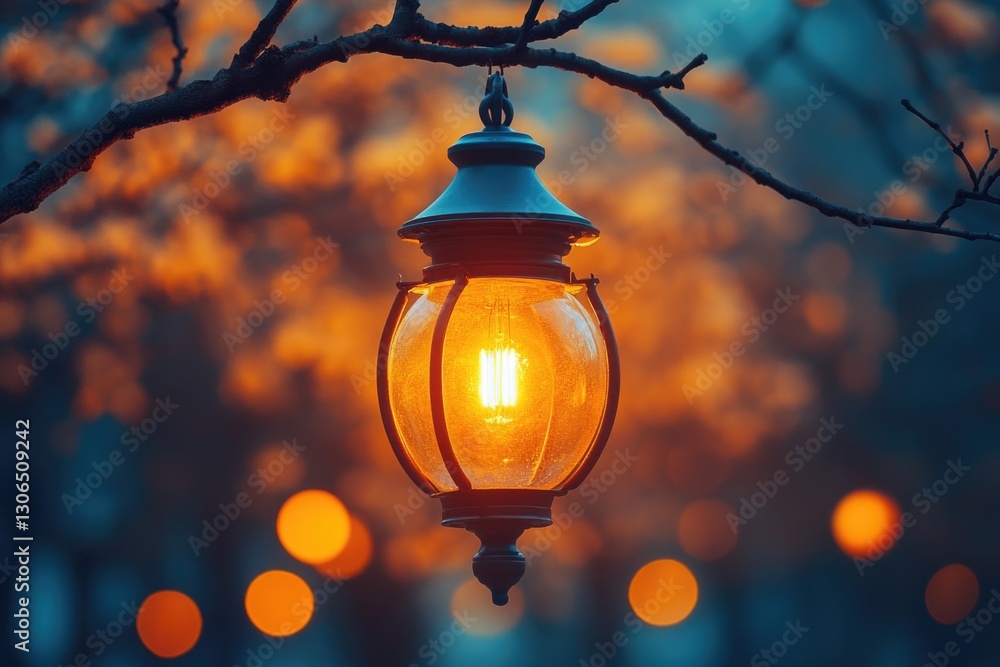 Aufkleber A light hangs from a tree branch, providing a warm glow in the surrounding environment