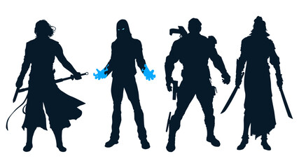 Set pack of superhero silhouettes using swords and super powers with various body element poses designed with a children's entertainment theme. © N-Focus 5