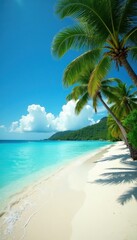 Turquoise water laps white sand beach, palm trees sway gently , holiday, tropical, waves