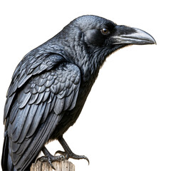 Fototapeta premium Black bird sits on wood. Shiny feathers cover raven body. Image is transparent png and isolated.