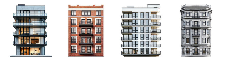 Obraz premium Modern Architecture Collection of Four Distinct Building Styles, Isolated on Transparent Background