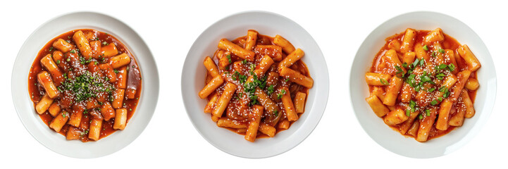 Tteokbokki a popular Korean street food made from rice flour, on white plate, top view with transparent background
