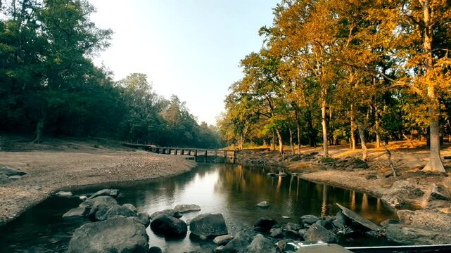 Wide shot of lake while driving in jungle safari of  kanha national park, tiger reserve madhya pradesh india asia, beautiful lake view in golden hour