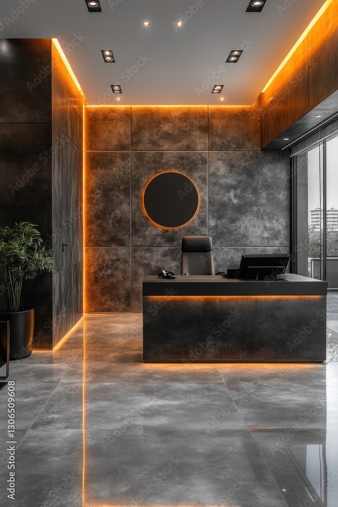Poster a modern office space with a large desk and a round mirror, suitable for corporate or professional u