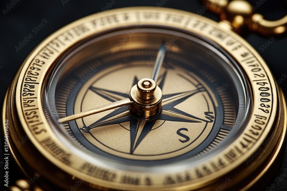 Poster A close-up view of a golden compass on a dark background, ideal for use in illustrations or designs where navigation or direction is the focus