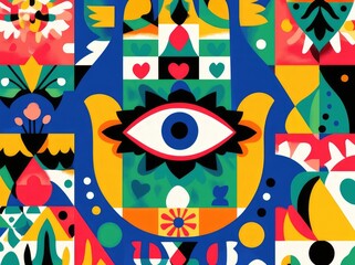 symmetrical pattern with colorful geometric shapes and an eye in the center.
