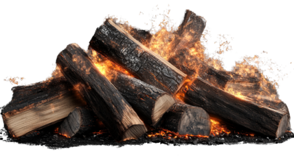 "A partially extinguished pile of firewood logs, with flickering flames and soft glowing embers, isolated on transparent background
