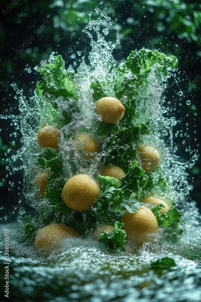 Poster fresh oranges falling into the water with ripples and reflections