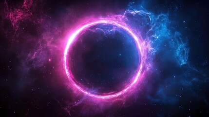 Obraz premium pink circle light frame on black background. Pink light effects on round placeholder for your text on dark background. A blue glowing circle. For futuristic or technology-themed designs