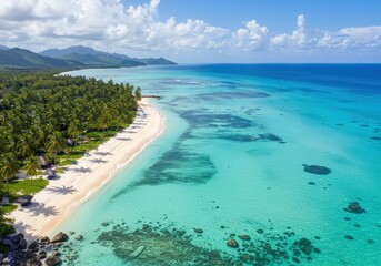 Virginia tropical beach aerial view with clear blue water, waves, and sandy coastline