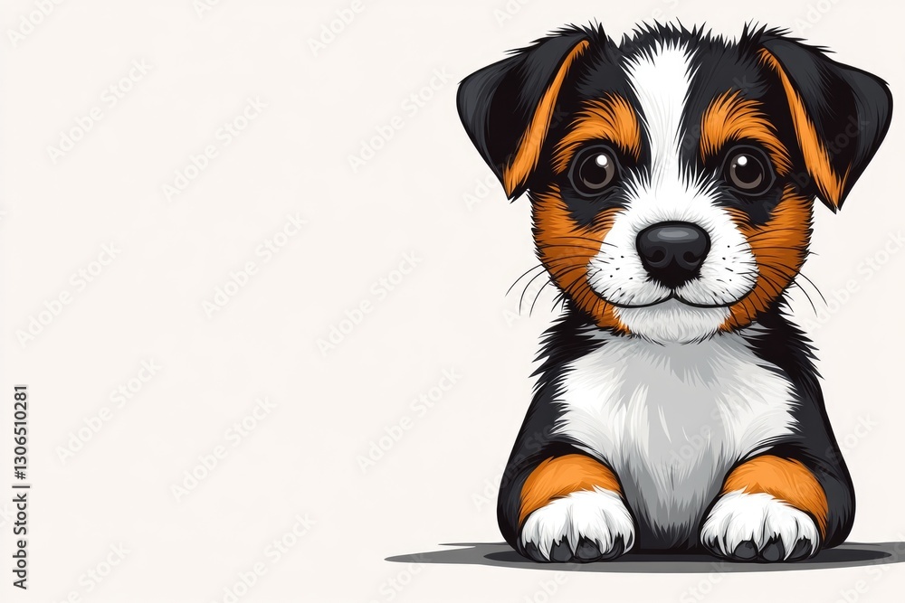Poster a puppy sitting down and looking directly at the camera