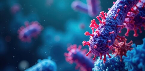 Obraz premium Blue background, microscope view of thriving gut bacteria, biological, life