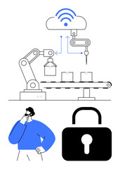 Robotic arm assembling on a conveyor belt under cloud connection icon, worker pondering, and padlock icon. Ideal for automation, technology, cloud computing, IoT, security industry innovation. Flat