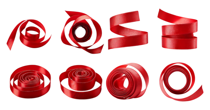 Various Red Ribbon Shapes for Decorative Use and Craft Projects, Bundle Set Collection, Isolated on Transparent Background