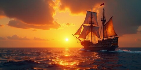 Obraz premium A majestic sailing vessel glides across the ocean's surface, silhouetted against a breathtaking sunset