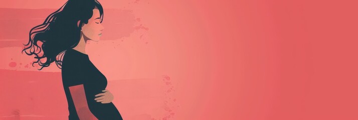 World maternal mental health day celebration with thoughtful expectant mother illustration. Horizontal banner. Copy space. Postpartum depression concept. Prenatal care services, women's wellness