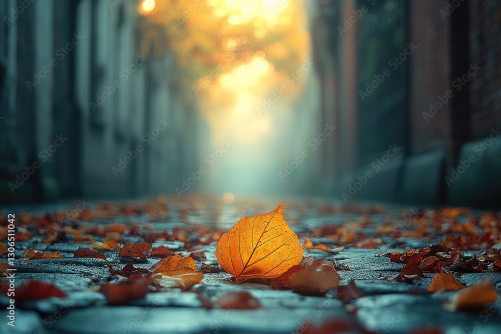 Poster a single leaf lying on the ground in front of a building, possibly fallen from above